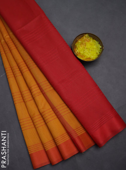 Semi dupion saree mango yellow and red with allover thread stripe weaves and thread woven border