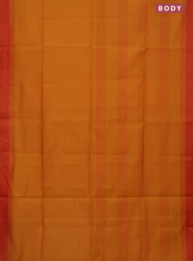 Semi dupion saree mango yellow and red with allover thread stripe weaves and thread woven border