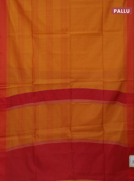 Semi dupion saree mango yellow and red with allover thread stripe weaves and thread woven border