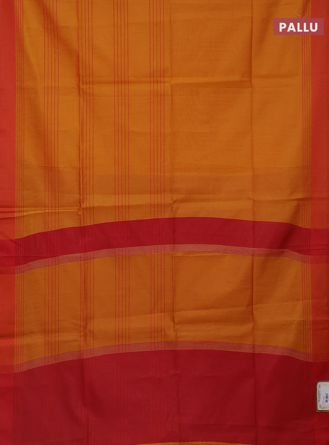 Semi dupion saree mango yellow and red with allover thread stripe weaves and thread woven border