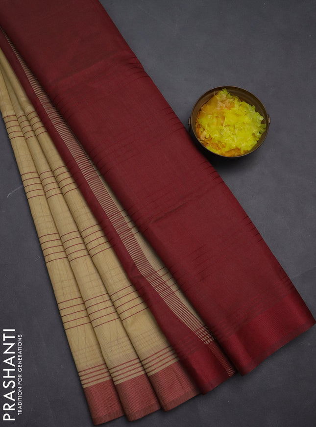 Semi dupion saree beige and maroon with allover thread stripe weaves and thread woven border