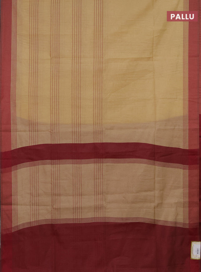 Semi dupion saree beige and maroon with allover thread stripe weaves and thread woven border