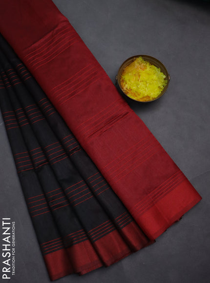 Semi dupion saree black and maroon with allover thread stripe weaves and thread woven border