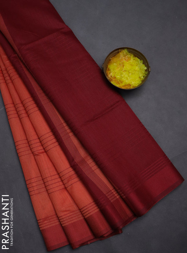 Semi dupion saree dark peach orange and maroon with allover thread stripe weaves and thread woven border
