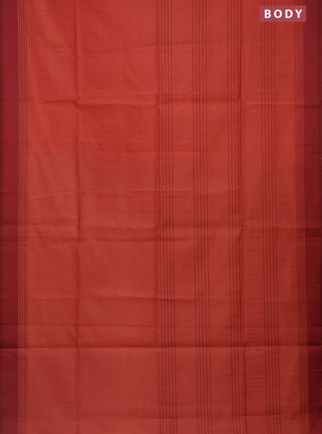 Semi dupion saree dark peach orange and maroon with allover thread stripe weaves and thread woven border