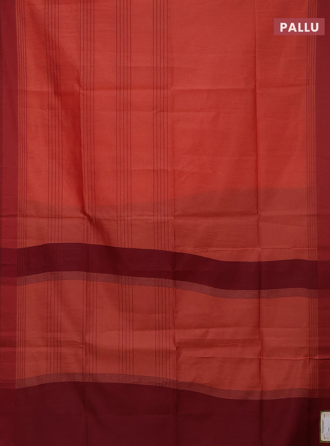 Semi dupion saree dark peach orange and maroon with allover thread stripe weaves and thread woven border