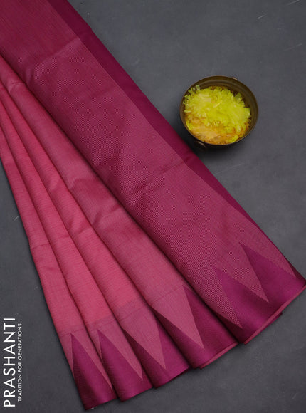 Semi dupion saree light pink and purple with allover stripe pattern and temple design thread woven border