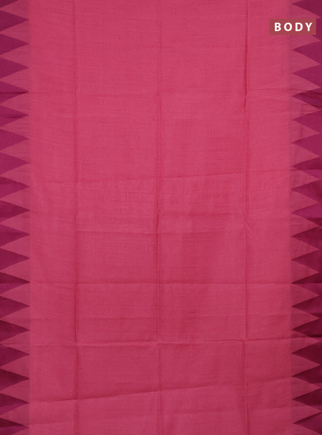 Semi dupion saree light pink and purple with allover stripe pattern and temple design thread woven border