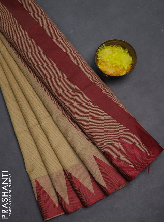 Semi dupion saree beige and maroon with allover stripe pattern and temple design thread woven border