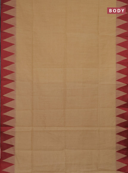 Semi dupion saree beige and maroon with allover stripe pattern and temple design thread woven border