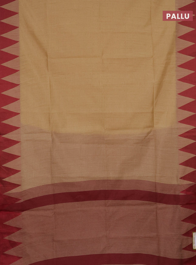Semi dupion saree beige and maroon with allover stripe pattern and temple design thread woven border