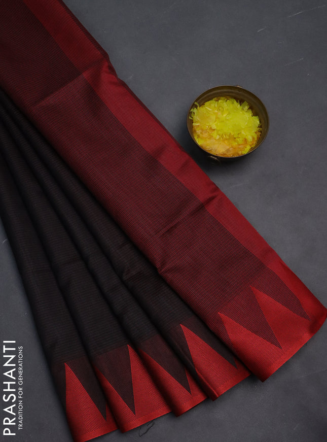 Semi dupion saree black and maroon with allover stripe pattern and temple design thread woven border