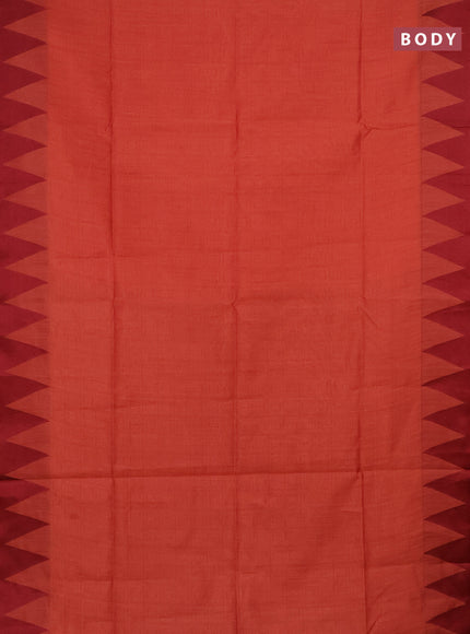 Semi dupion saree dark peach and maroon with allover stripe pattern and temple design thread woven border