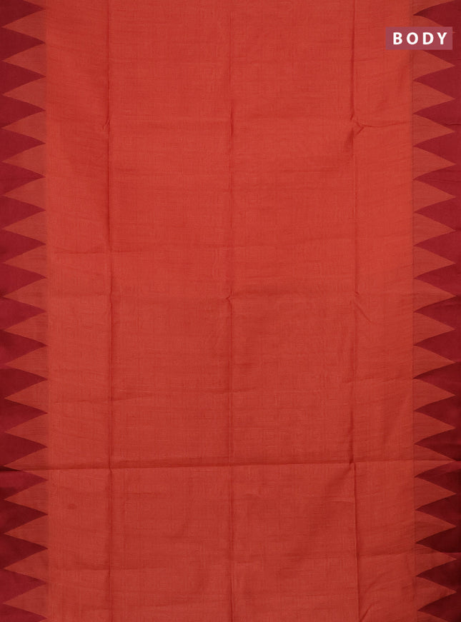 Semi dupion saree dark peach and maroon with allover stripe pattern and temple design thread woven border