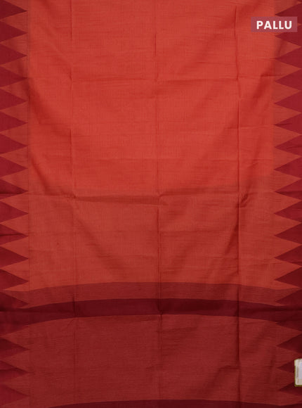 Semi dupion saree dark peach and maroon with allover stripe pattern and temple design thread woven border