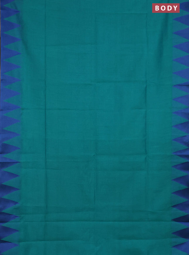 Semi dupion saree teal green and blue with allover stripe pattern and temple design thread woven border