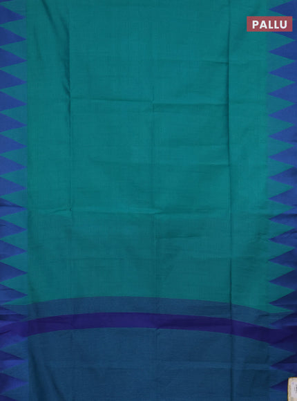 Semi dupion saree teal green and blue with allover stripe pattern and temple design thread woven border
