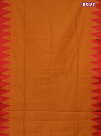 Semi dupion saree mango yellow and maroon with allover stripe pattern and temple design thread woven border