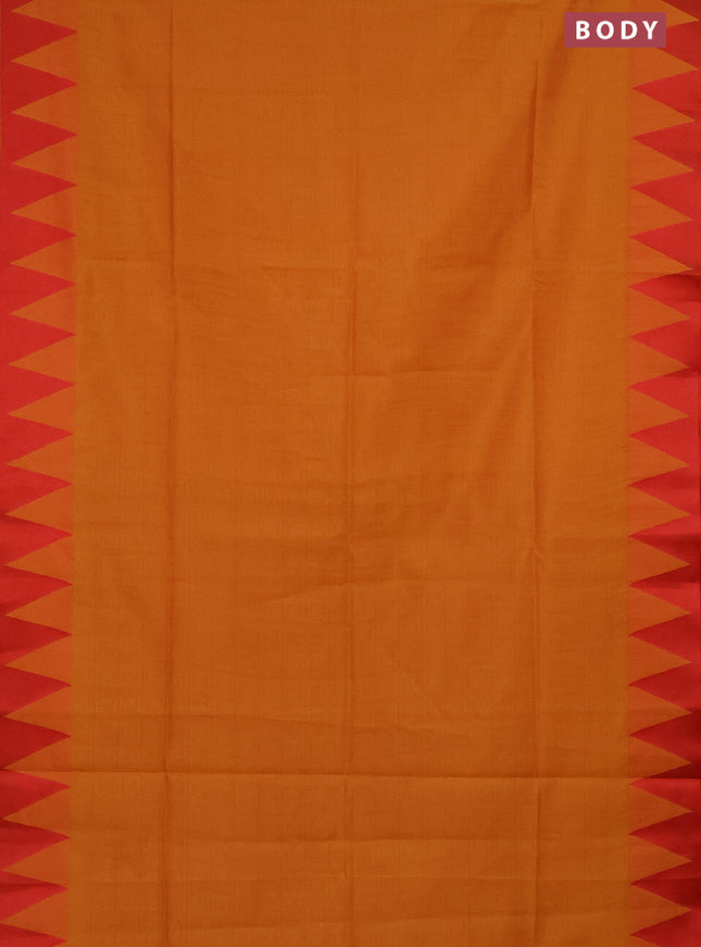 Semi dupion saree mango yellow and maroon with allover stripe pattern and temple design thread woven border