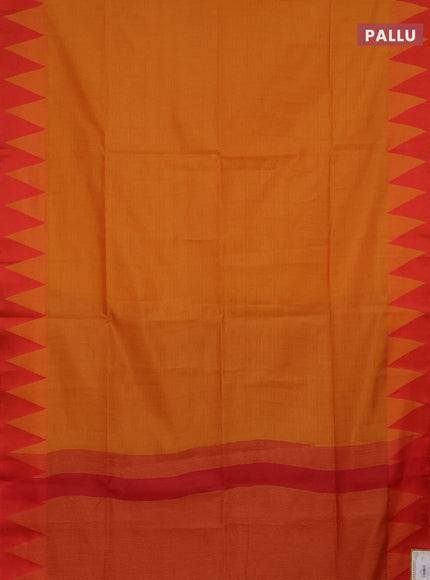 Semi dupion saree mango yellow and maroon with allover stripe pattern and temple design thread woven border