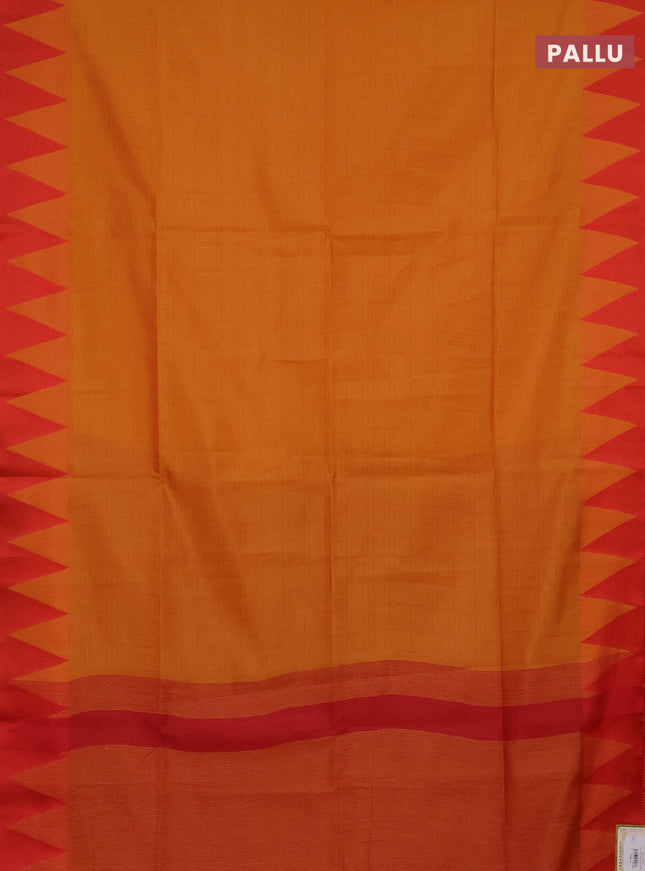 Semi dupion saree mango yellow and maroon with allover stripe pattern and temple design thread woven border