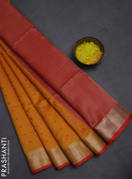 Semi dupion saree mango yellow and red with allover thread woven buttas and zari woven border