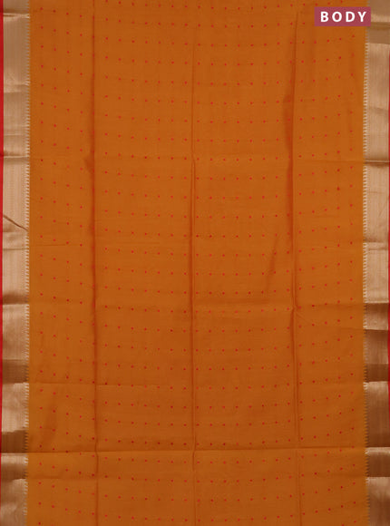 Semi dupion saree mango yellow and red with allover thread woven buttas and zari woven border