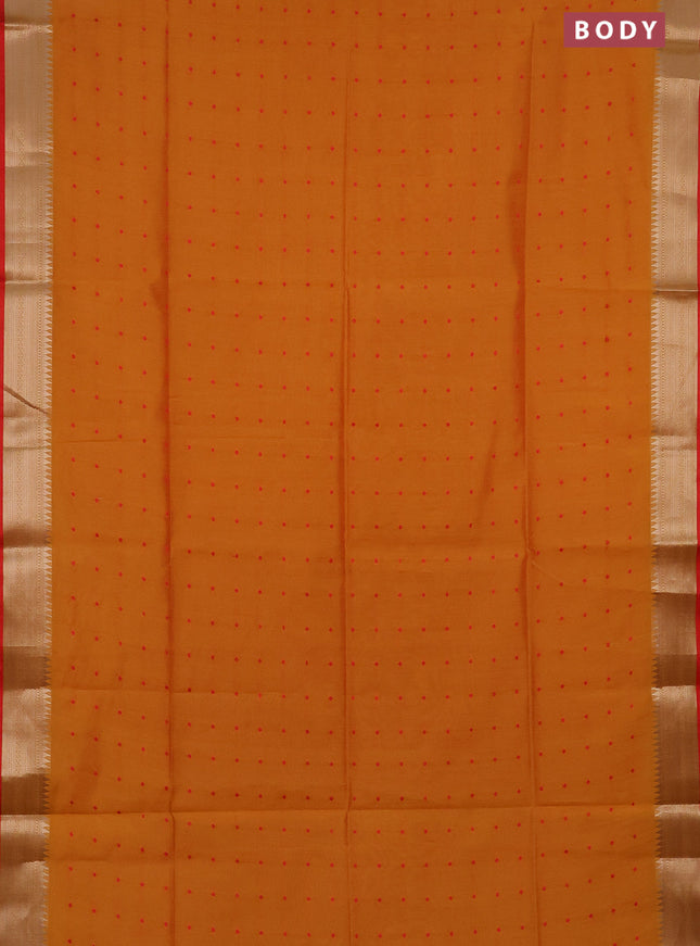 Semi dupion saree mango yellow and red with allover thread woven buttas and zari woven border
