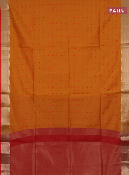 Semi dupion saree mango yellow and red with allover thread woven buttas and zari woven border