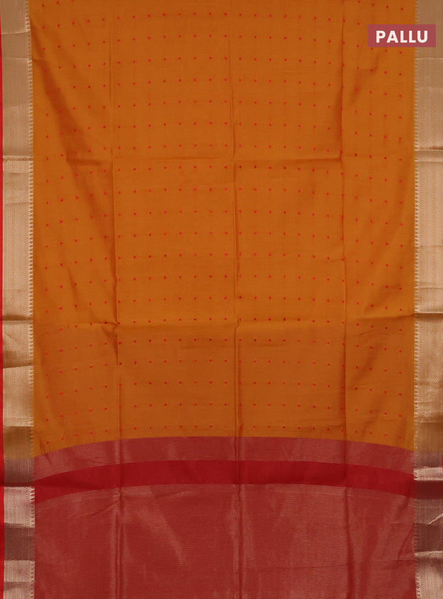 Semi dupion saree mango yellow and red with allover thread woven buttas and zari woven border