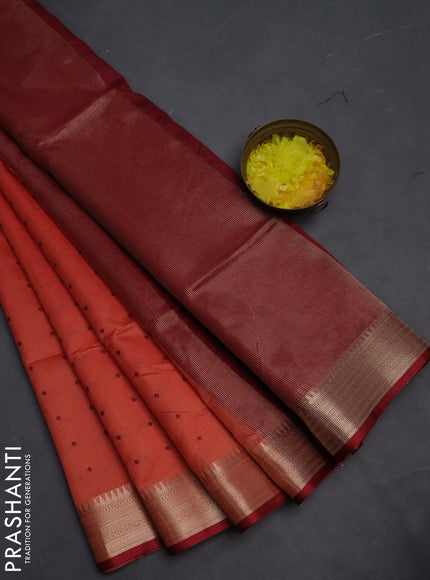 Semi dupion saree dark peach and maroon with allover thread woven buttas and zari woven border
