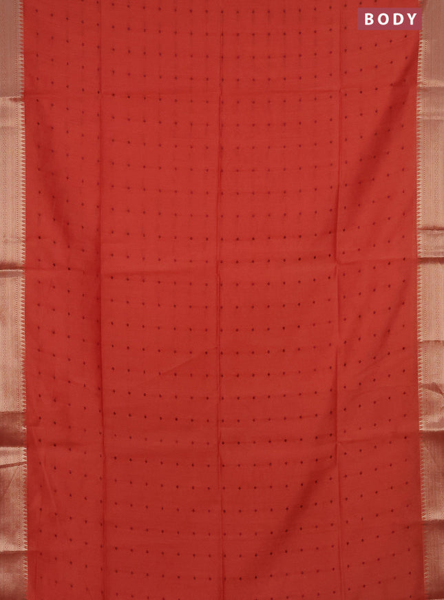 Semi dupion saree dark peach and maroon with allover thread woven buttas and zari woven border