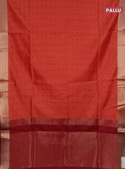 Semi dupion saree dark peach and maroon with allover thread woven buttas and zari woven border