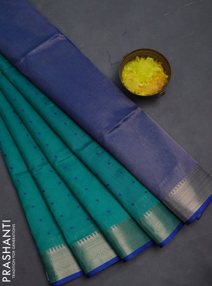 Semi dupion saree teal green and blue with allover thread woven buttas and zari woven border