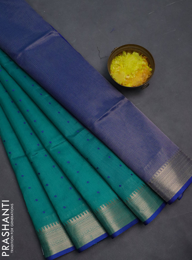 Semi dupion saree teal green and blue with allover thread woven buttas and zari woven border