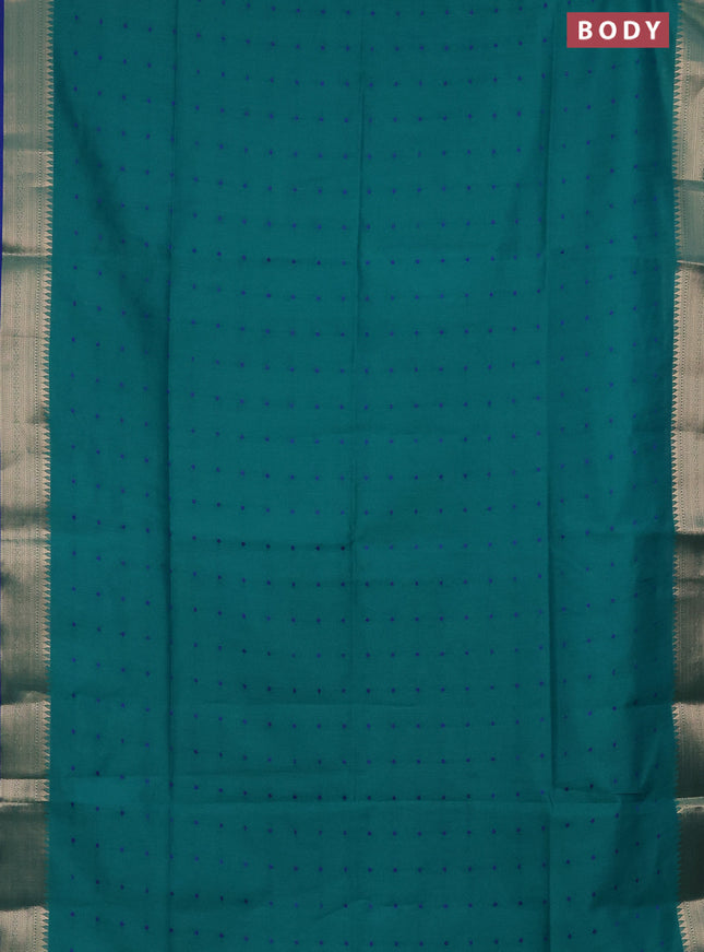Semi dupion saree teal green and blue with allover thread woven buttas and zari woven border
