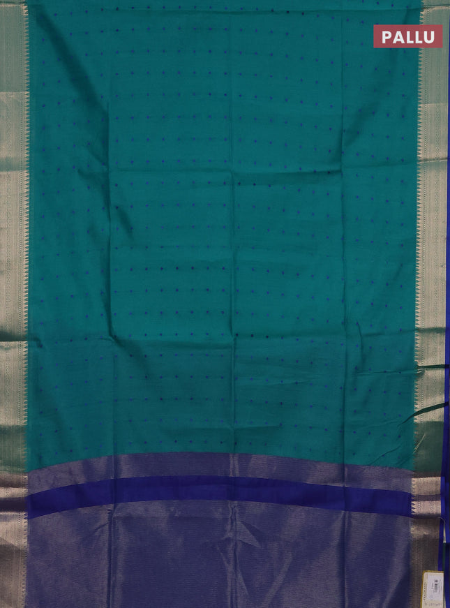 Semi dupion saree teal green and blue with allover thread woven buttas and zari woven border