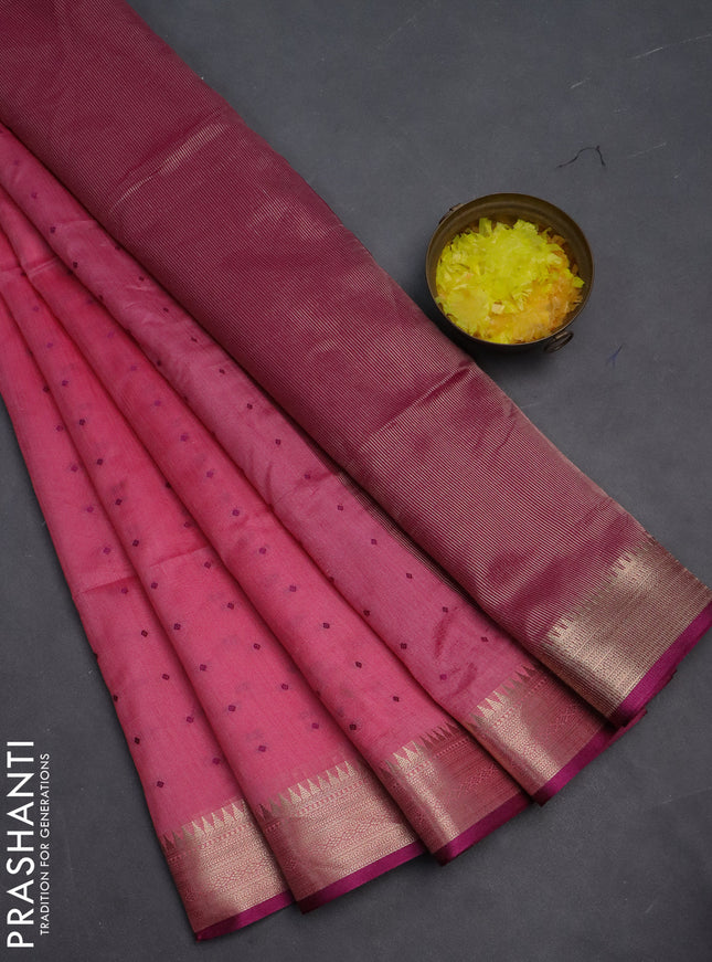 Semi dupion saree light pink and purple with allover thread woven buttas and zari woven border