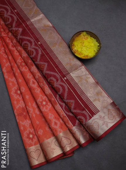 Semi dupion saree dark peach and maroon with allover thread woven ikat weaves and zari woven border