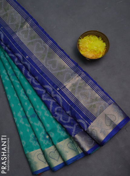 Semi dupion saree teal green and blue with allover thread woven ikat weaves and zari woven border