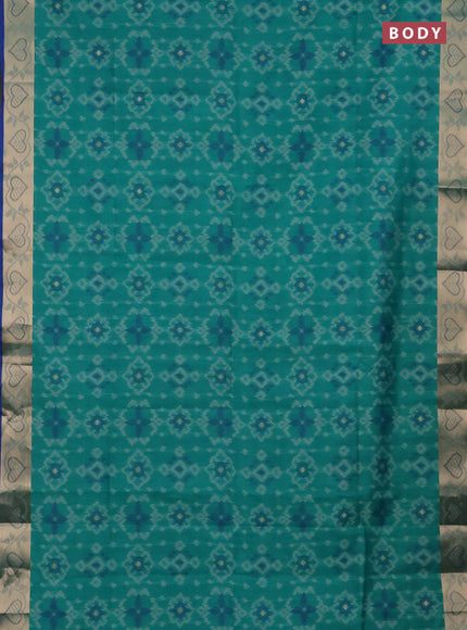 Semi dupion saree teal green and blue with allover thread woven ikat weaves and zari woven border