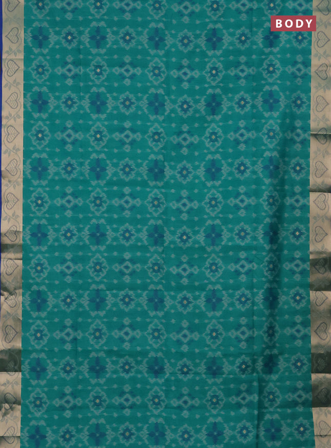 Semi dupion saree teal green and blue with allover thread woven ikat weaves and zari woven border