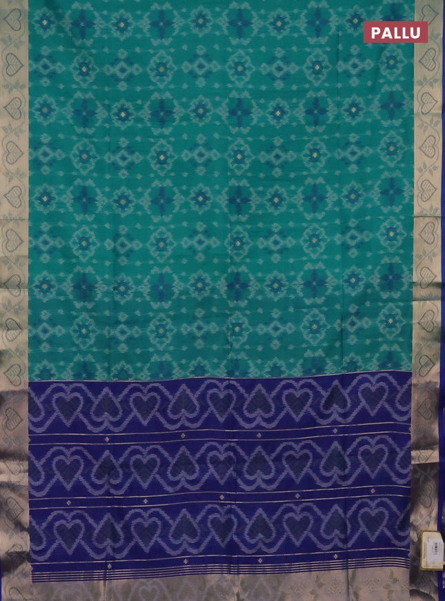 Semi dupion saree teal green and blue with allover thread woven ikat weaves and zari woven border