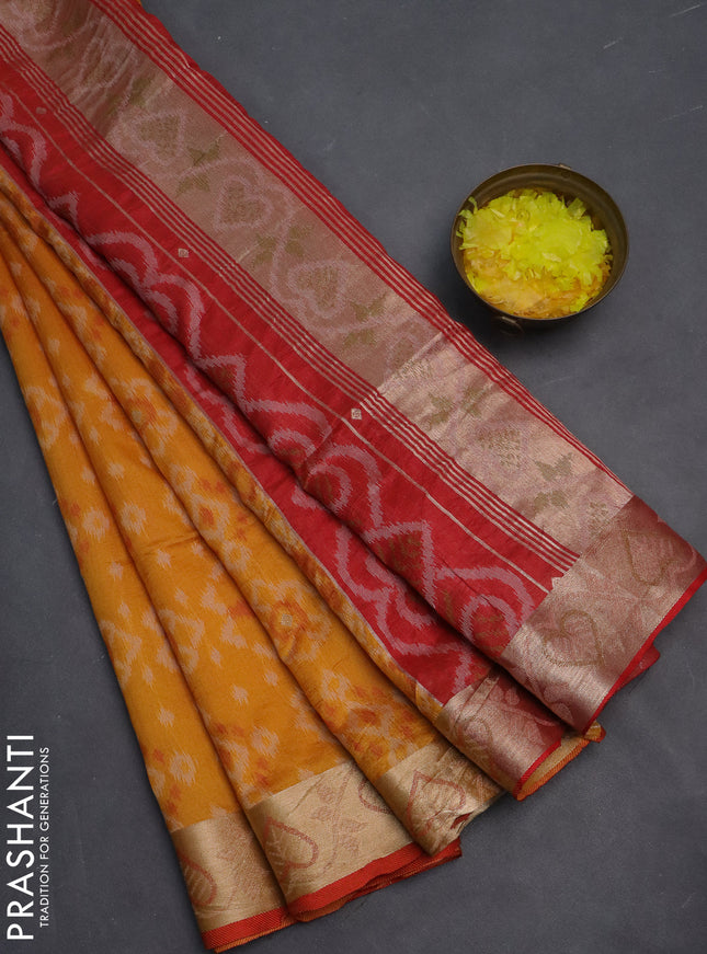 Semi dupion saree mango yellow and red with allover thread woven ikat weaves and zari woven border