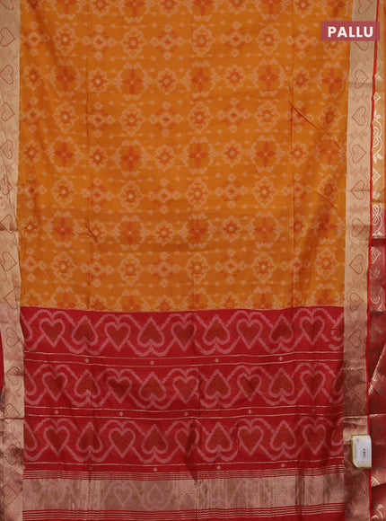 Semi dupion saree mango yellow and red with allover thread woven ikat weaves and zari woven border
