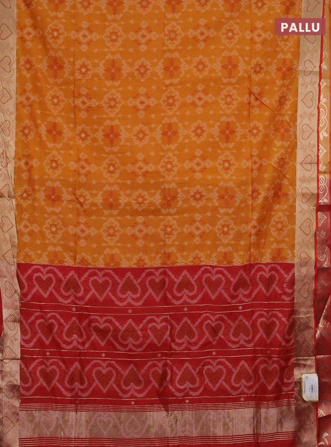 Semi dupion saree mango yellow and red with allover thread woven ikat weaves and zari woven border