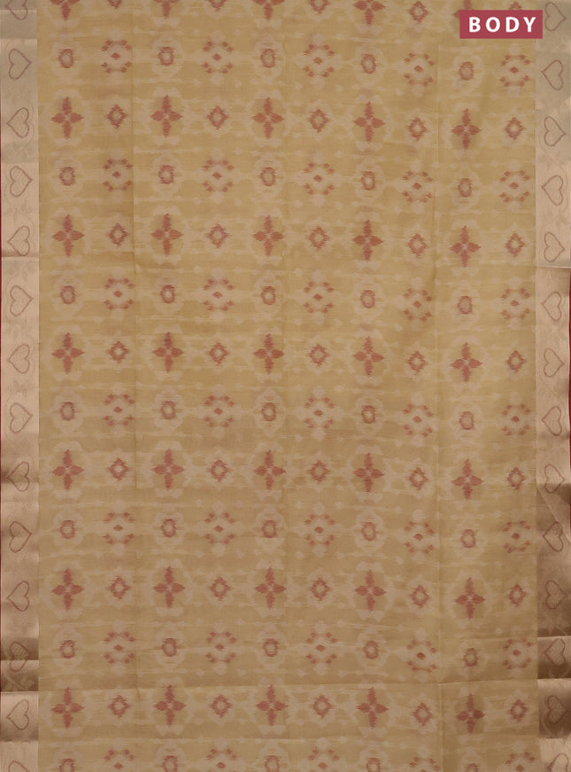Semi dupion saree cream and maroon with allover thread woven ikat weaves and zari woven border