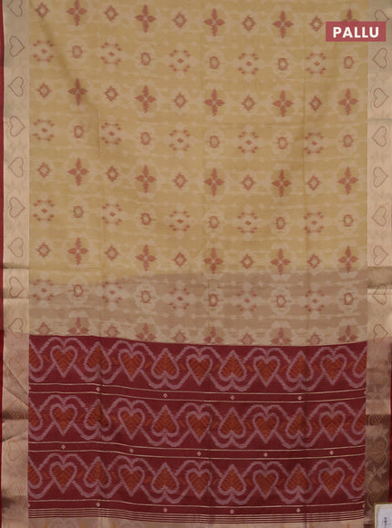 Semi dupion saree cream and maroon with allover thread woven ikat weaves and zari woven border