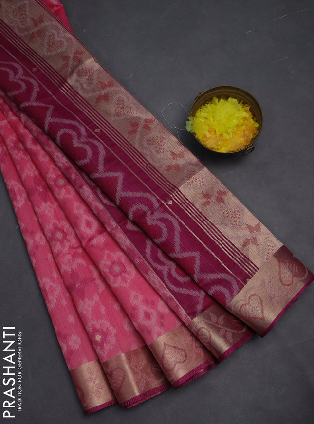 Semi dupion saree light pink and purple with allover thread woven ikat weaves and zari woven border