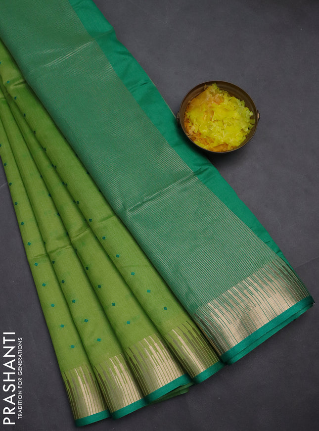 Semi dupion saree light green and green with allover thread woven buttas and temple design zari woven border